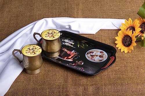 Image of Finner Premium Era Serving Tray Set of 3 Kashmiri Kahwa Print Design Plastic Material Glossy Finish BPA Free Trays for Kitchen and Office and Home Decor (Black, Set of 3)