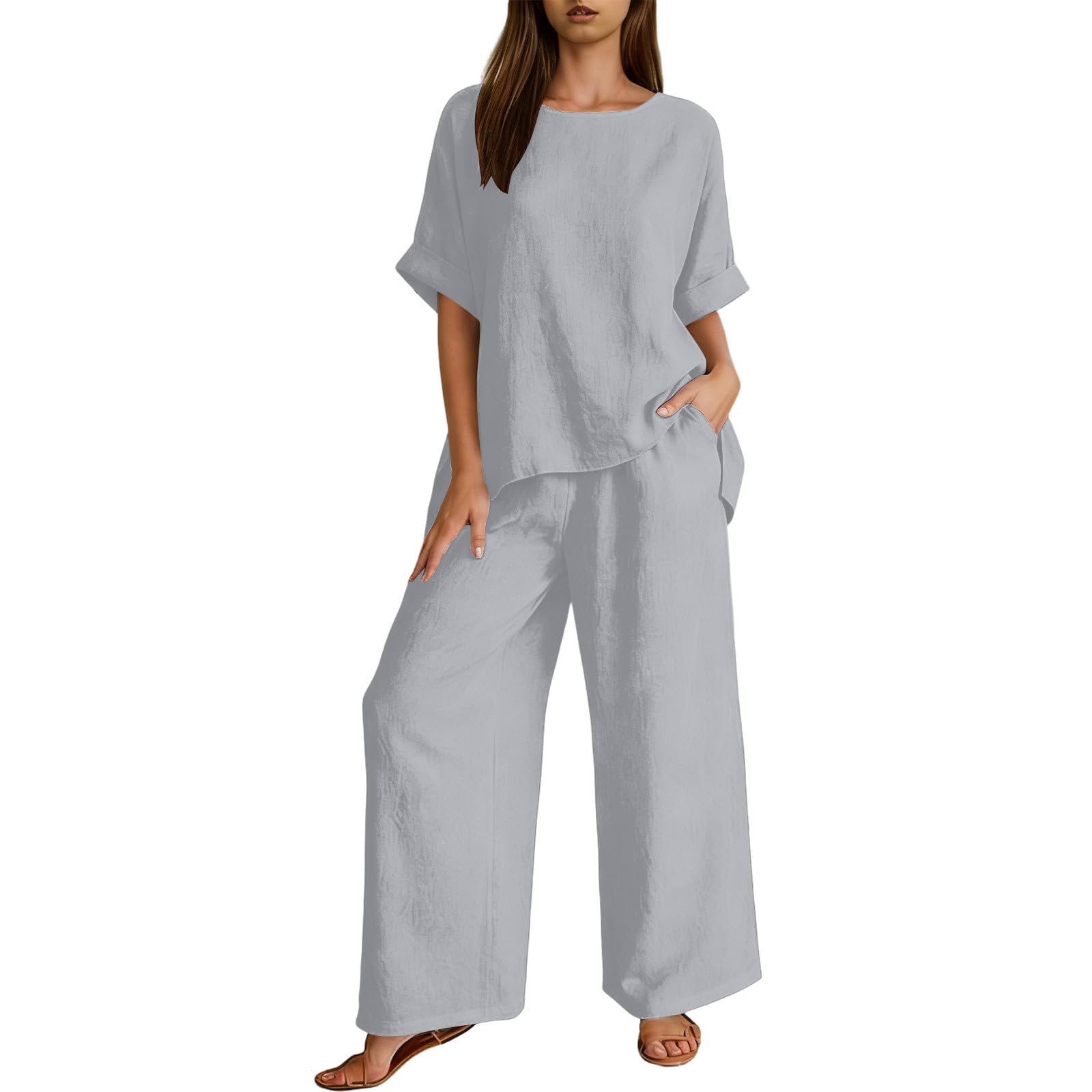 Ybing Leinenanzug Damen 2 Teiler Tracksuit Musselin Tshirt und Weite Bein Leinenhose Zweiteiliges Lose Baumwolle Leinen Sportanzug Leichte Loungewear Set Casual Sommer Outfit Freizeitanzug Homewear