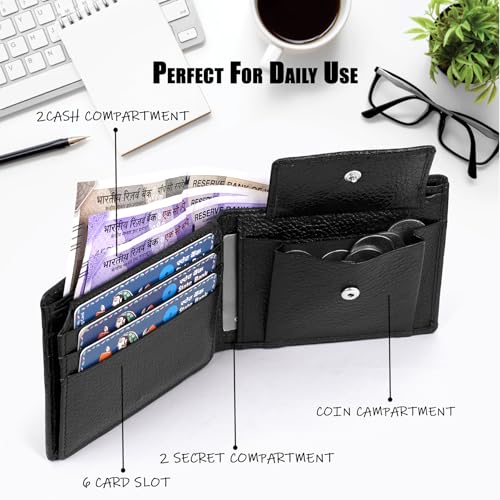 Image of 100% Full Grain Nautral Genuine Pure Original Buff Leather Purse Wallet for Man Mens with Coin Pockets Bifold. 6 Card Slots, 2 Currency Slots, 1 ID Window & 2 Hidden Pockets (Black)