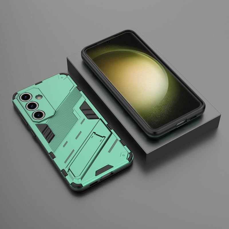 Image of Casodon Rugged Hard Back Case Cover for Samsung Galaxy S24 FE - Military-Grade Armor with Screen & Camera Guard, Dual-Layer Shockproof Design, Raised Edges, and Built-in Kickstand - Emerald Green