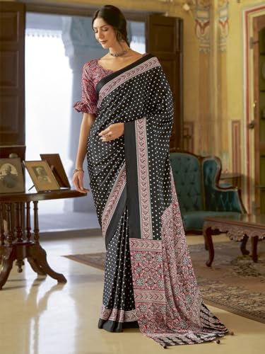 Image of SAREE MALL Women's Ajrkh Print Satin Crepe Polka Dot Printed Saree With Unstitched Blouse Piece