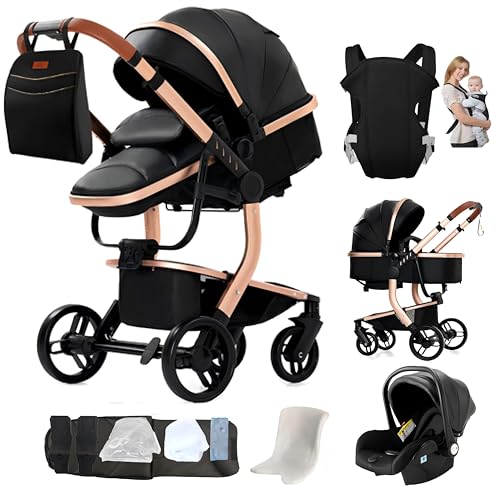 Aveainelle Cuir Pu Poussette 3 en 1, Trio de Voyage Réversible pour Bébé, Poussette Pliante en Un Clic et Accessoires Complets, Doubles Modes De Freinage...