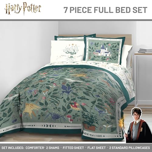 Image of Harry Potter Full Comforter Set 7 Piece Soft Floral Bedding, Green | Hogwarts, Bed in a Bag, Comforter Sheets Shams Pillowcases, Official Product, Soft Microfiber, Machine Washable, Easy Care