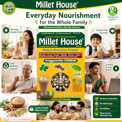 Image of Millet House Millets Nutrition Powder 400 Gram | Arogyamrutha Churnam 100% Organic Indian Traditional Recipe | Healthy Siri dhanya Millet Powder | Millet Health Mix (2+ Years) (Pack of 1, 400 grams)