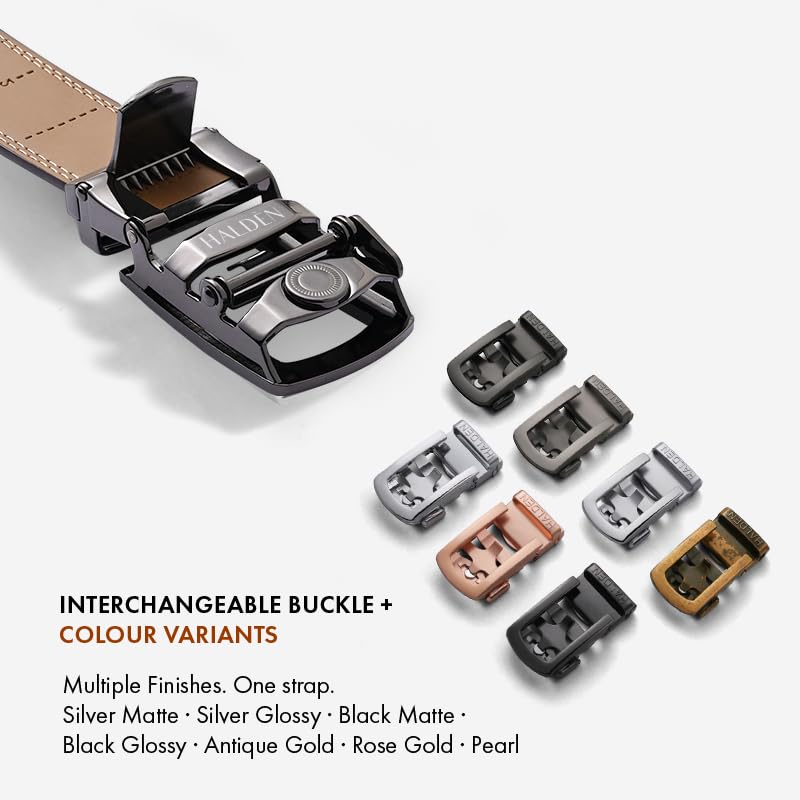 Image of HALDEN THEO Belt For Men Leather Original (Adjustable Fits Up to 44 Inch Waist) Ratchet Straps, Unique Magnetic Auto-lock Buckle Adjustable Belt For Men