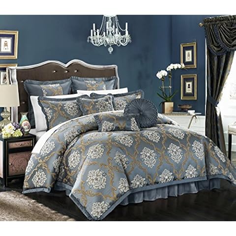 Chic Home Blue Jacquard Comforter Set Queen Size (Aubrey) 9 Piece Decorator Upholstery Bedding Ensemble with Decorative Pillows Bedskirt, Shams Cover