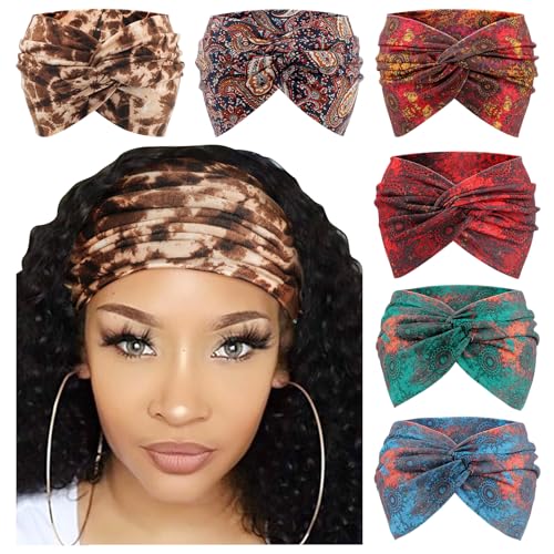 Image of DRESHOW 6 Pack Extra Wide Headbands for Women Large Turban Headband Boho Head Wrap Elastic Hairbands Hair Twisted Knot Hair Accessories