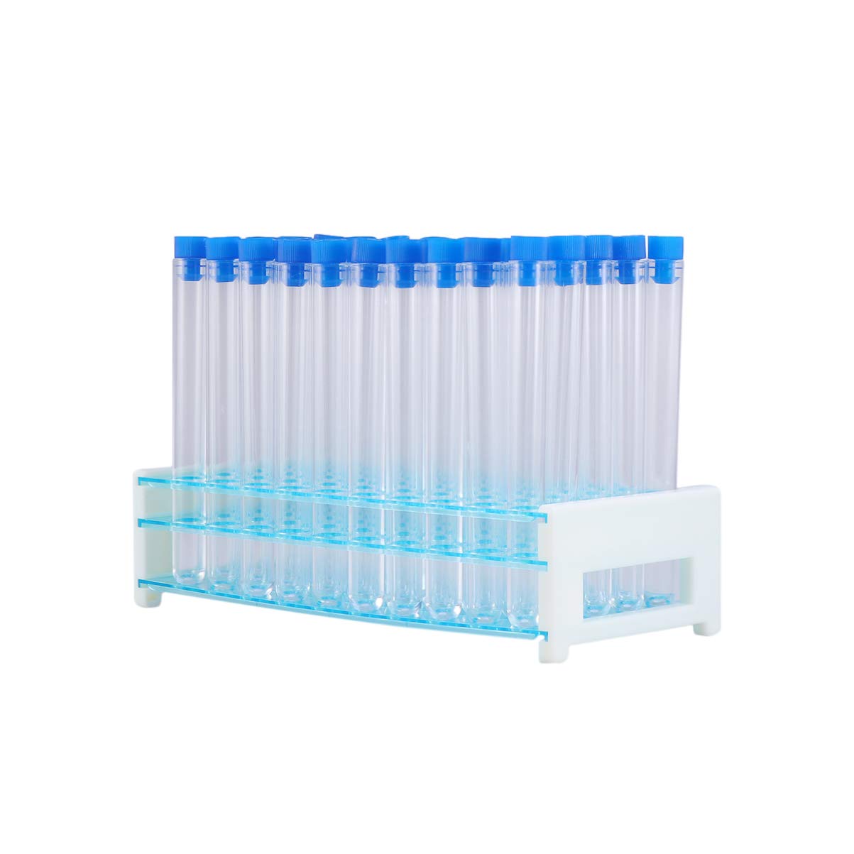 Tubo de Ensayo de Plástico Duro 50 Piezas con Soporte Azul | Cierre Sellado, Apto para Experimento Científico y Uso Doméstico, Adecuado para Guardar Polvo