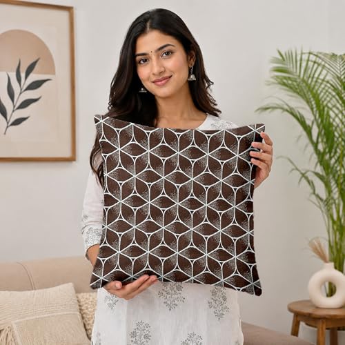 Image of Divine Casa Pluto Cushion Covers Set of 5 Brown | 16x16 Inch Jacquard Patchwork Design Decorative Sofa Cushion Covers | Throw Pillow Covers for Living Room