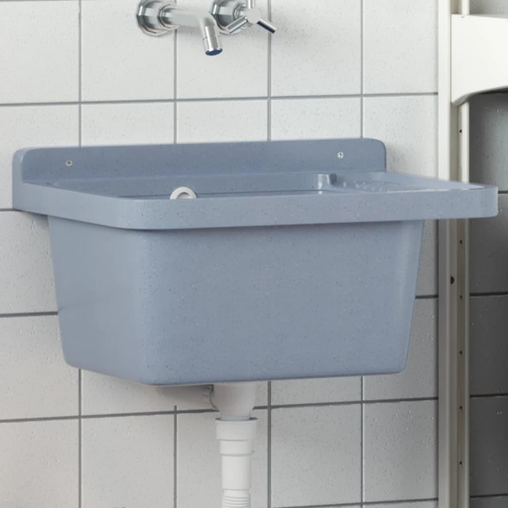 Fregadero de pared gris 50 x 35 x 24 cm resina 11 L de volumen con rebosadero, fregadero para cocina y jardín, empotrable con escurridor para interior y exterior