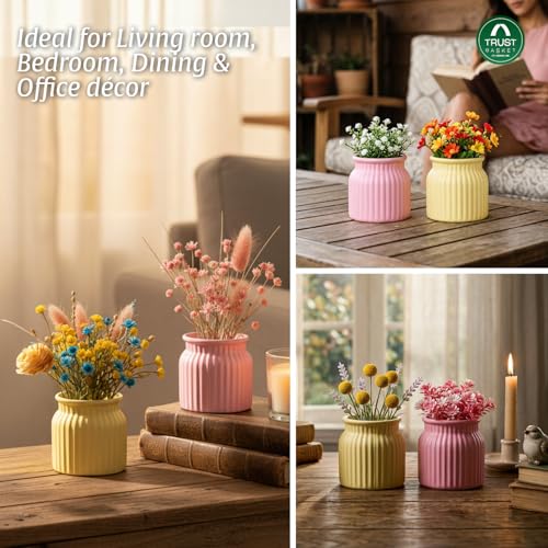 Image of TrustBasket Sereno Decorative Plastic Flower Vase Set Yellow Pink, Modern Table Top Home Decor Accent for Living Room Bedroom Dining Office, Compact Durable Minimalist Vase for Flowers, Set of 2