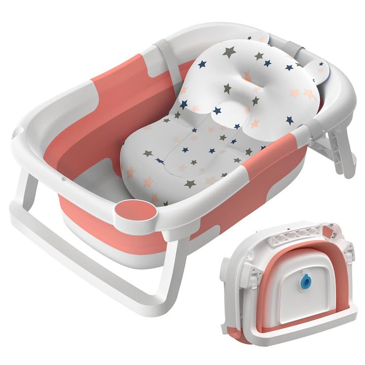 Baby Bath Tub Essentials - Foldable, Collapsible Newborn Bathtub with Non Slip Bath Seat Cushion Stand Pad, Portable Travel (Pink) 0-24 Months — image 1