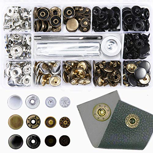 60 Set Snap Fasteners Kit for Leather/Clothing,3 Color(Gunmetal Black,Silver and Bronze) Snaps Button Press Studs with 4 Pieces Fixing Tools Caps Diameter 0.6 inch