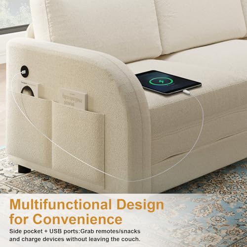 Image of KCGKCG 115.2 inch L Shaped Couch Bed, Sectional Couches for Living Room, Teddy Fabric Sleeper Sofa Bed with Pull Out Couch, Convertible Sectional Couch with Charging Station & Side Pocket, Beige