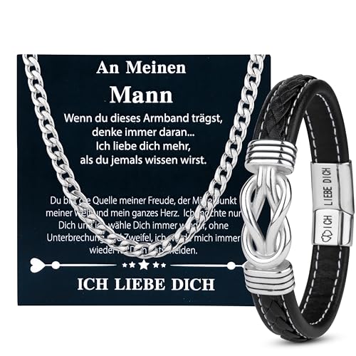 Merclix Ich Liebe Dich Geschenke für Männer Lederarmband-Halskette Herren Set Weihnachten Geschenk für Freund Geburtstag Jahrestag Geschenk für Ihn Hochzeitstag Geschenke für Männer Valentinstag