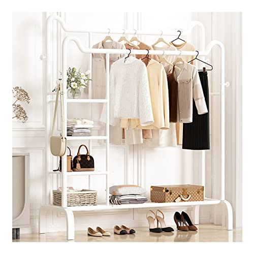 PAHION Doble Polo prenda Rack Riel colgante de metal resistente Percha de ropa multifuncional Soporte exhibición de abrigo independiente Con cesta de almacenamiento inferior Para dormitorio