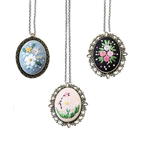 Outgeek Embroidery Pendant Craft Kit:3pcs Embroidery Kit Jewelry for Beginners Embroidery Stitch Necklace Hand Embroidery Pattern Set with Hoops