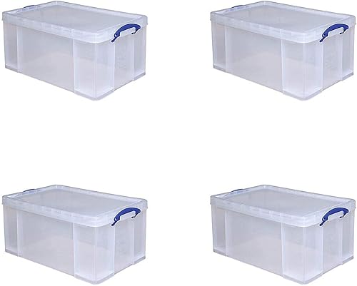 Caja de almacenamiento de plástico transparente realmente útil, 64 litros con asas adjuntas que hacen que sea fácil de transportar (paquete de