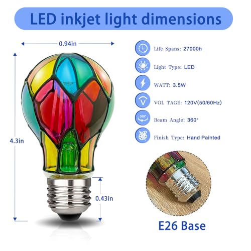 Image of Aygrochy Dimmable Stained Glass Light Bulb LED Bulbs,3.5W E26 Base,A19 LED Colored Light Bulb,for Christmas Decoration,Party,Home Lighting,Garden,Balcony,2 Pack