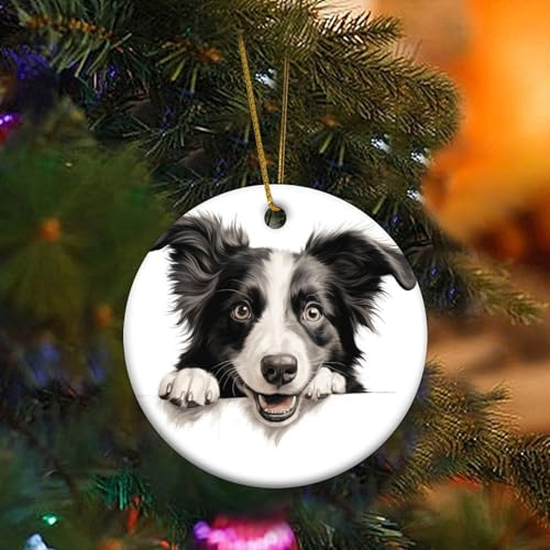 Peeking Border Collie Weihnachtsbaumschmuck Hund und Katze Liebhaber Tier Rund Porzellan Anhänger Keramik Porzellan Hängende Weihnachtskugel Geschenk für Urlaub Weihnachtsbaum Party Dekorationen