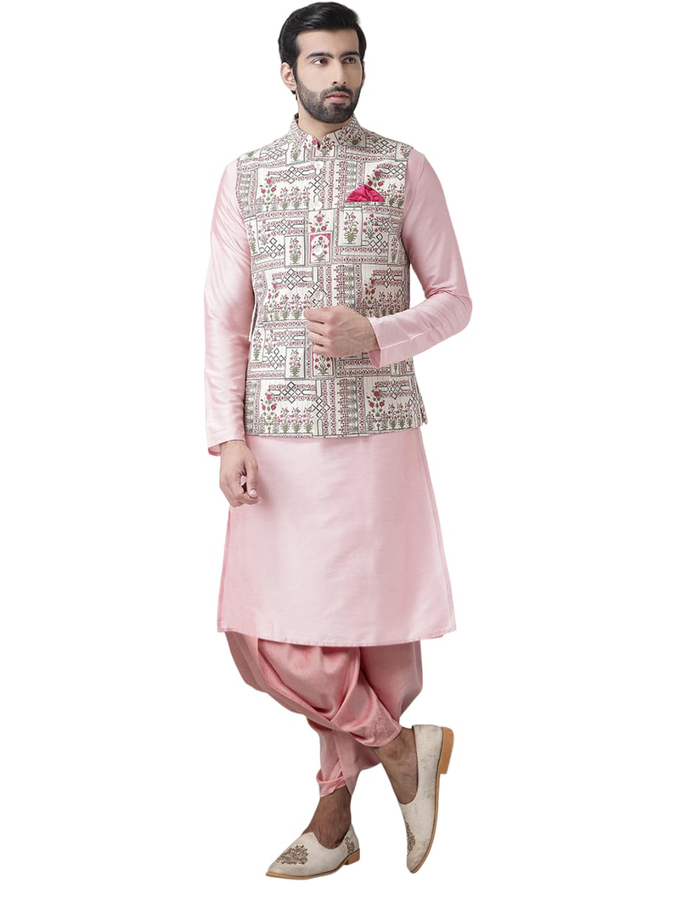 KISAHMen's Kurta, Printed Nehru Jacket & Dhoti Set - Traditional Indian Ethnic Wear for Weddings & Festive Occasions