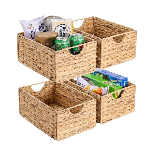 Water Hyacinth Pantry Baskets Set of 4, 12.5 x 9.5 x 6in Wicker Storage Baskets for Shelves, Pantry Baskets, Bathroom Shelves Storage Basket