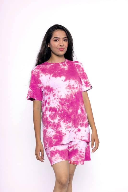 Image of EK RAG' Unisex Tie and dye & Solid Colours Half Sleeves Co - ords Set : Half Sleeve T-Shirt + Shorts Tie dye & Solid Colours For Men & Women