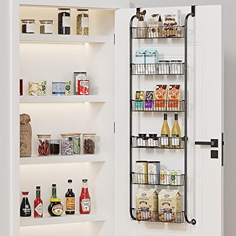 Egepon Over the Door Pantry Organizer Rack with 6 Full Baskets, 6-Tier Heavy-Duty Metal Hanging Storage Closet Organizer Kitchen Spice Rack Cover