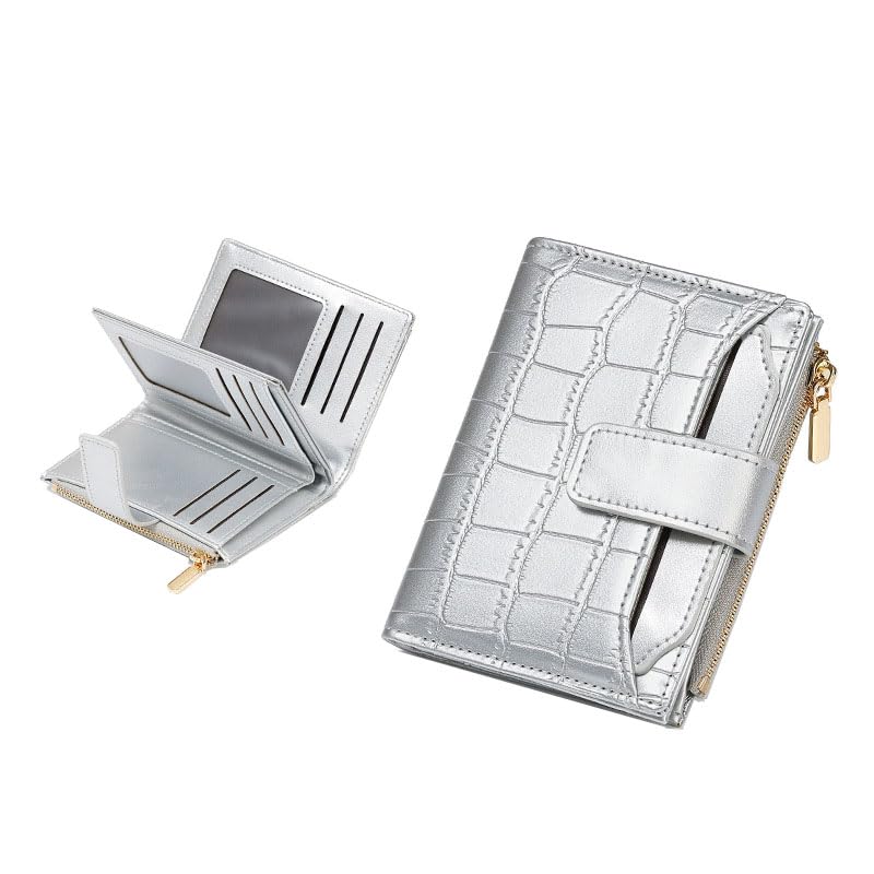 Women's Minimalist Portable Plain Color leather Short Wallet, Bifold Card Holder for Daily, Back To School, Casual Cute Mini Purses Designer Zipper Short Purse，for All Seasons Wallets (sliver)
