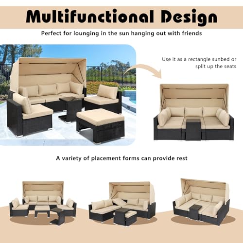 TITIMO 7 Pieces Patio Furniture Set Outdoor Conversation Set Daybed with Retractable Canopy Patio Sectional Rattan Sofa Set with Table for Poolside (Black Rattan Beige Cushion) - Thumbnail 5