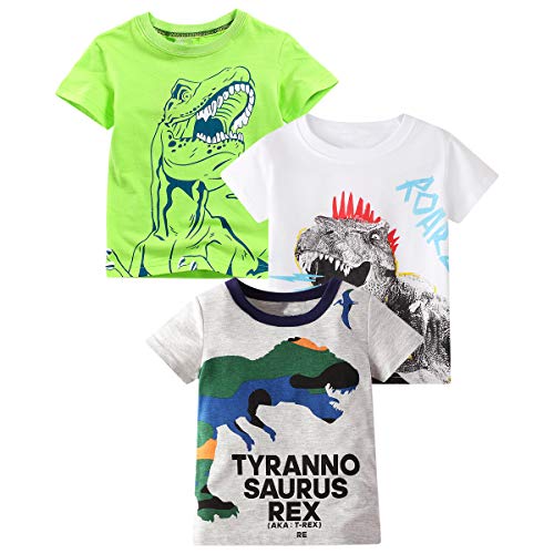 DEEKEY Toddler Little Boys 3-Pack Dinosaur Short Sleeve Crewneck T-Shirts Top Tee Size for 2-7 Years (Dinosaur, 5T)