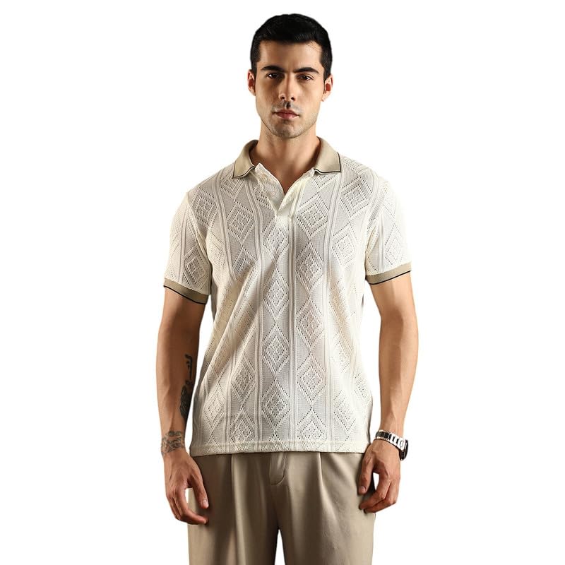 Image of CAHOOT Men's Chalk White & Sand Beige Contrast Rhombus Polo T Shirt for Casual Wear