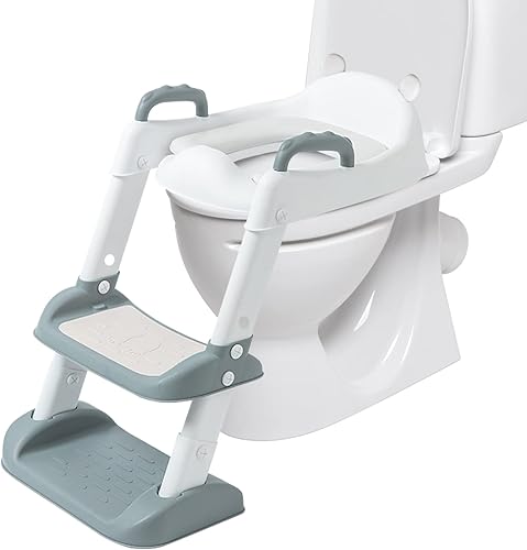 MorTime Asiento de entrenamiento para ir al baño con escalera, inodoro plegable para niños, inodoro de altura ajustable con almohadilla suave