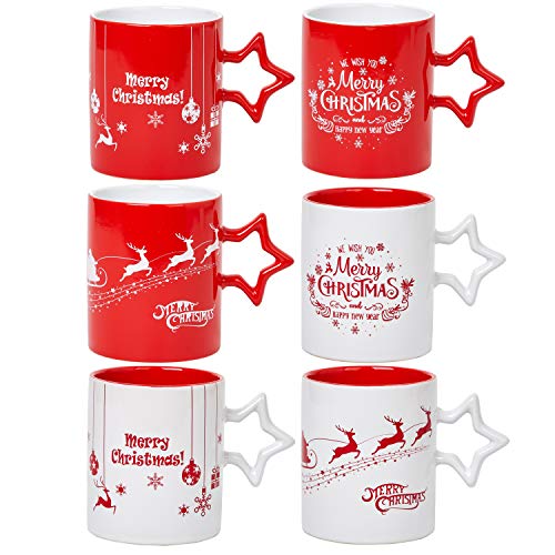 Coffee Mug Set Set of 6 Large-sized 14 Ounce Christmas Theme Ceramic Coffee Mugs Restaurant Coffee Mugs, Star Handle