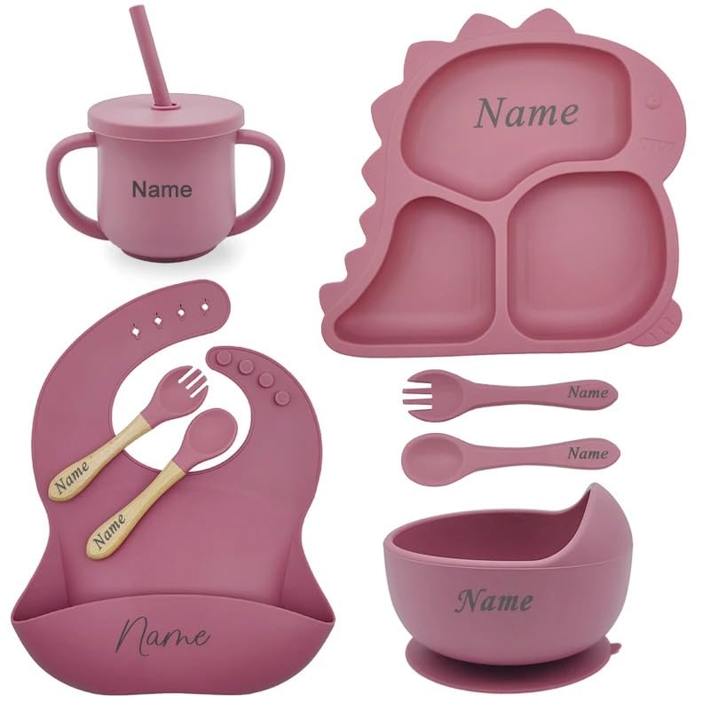 Personalized Baby Name Dinosaur Feeding Set 8Pcs, Custom Name Baby Silicone Weaning Set, Feeding Set With Name BPA Free
