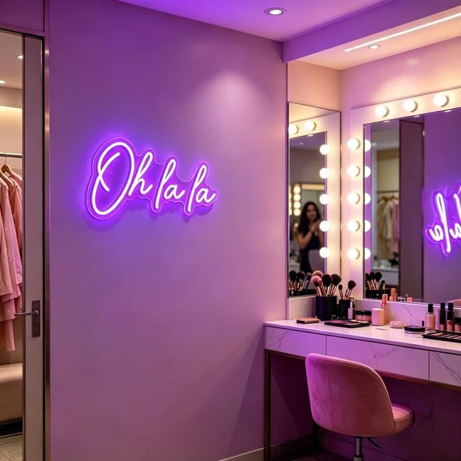 Image of Oh La La Neon Sign, Purple USB Powered Dimmable Neon Light, Cute French Quote Light Up Sign for Home Bedroom Makeup Room Nail Salon Shop Wall Decor Art, Gift for Young Girls Adults 16.5 x 8.3 Inch