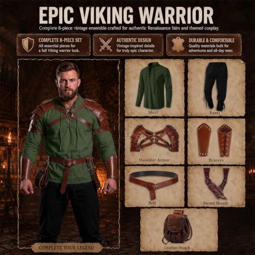 Essestim Men's Renaissance Costume 8 Pcs Halloween Medieval Pirate Shirt & Drawstring Pants Viking Costume Accessories by Essestim - Used condition - Image 8