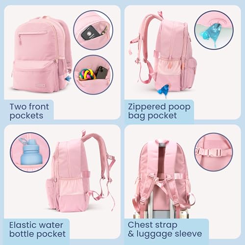 Image of Dog Travel Bag for Supplies - Complete Dog Diaper Bag Backpack with 2 BPA-Free Travel Bowls, Treat Pouch, Food Container, Placemat & Laptop Sleeve - for Traveling, Road Trips, Hiking: Dusty Pink