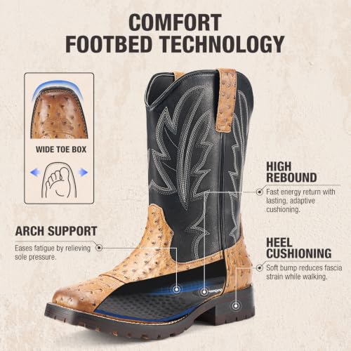 Image of Rollda Cowboy Boots for Men Western Boots Men's Square Toe Chunky Heel Mid-Calf Boots Classic Embroidered Pull On Boots