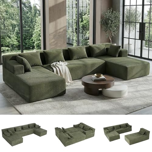Image of MONVANE 141 inch U Shaped Cloud Sectional Couch with Chaise Lounge, Modular Sectional Sofa with Removable Armrests, Comfy Corduroy Boneless Couches for Living Room, No Assembly Required, Green