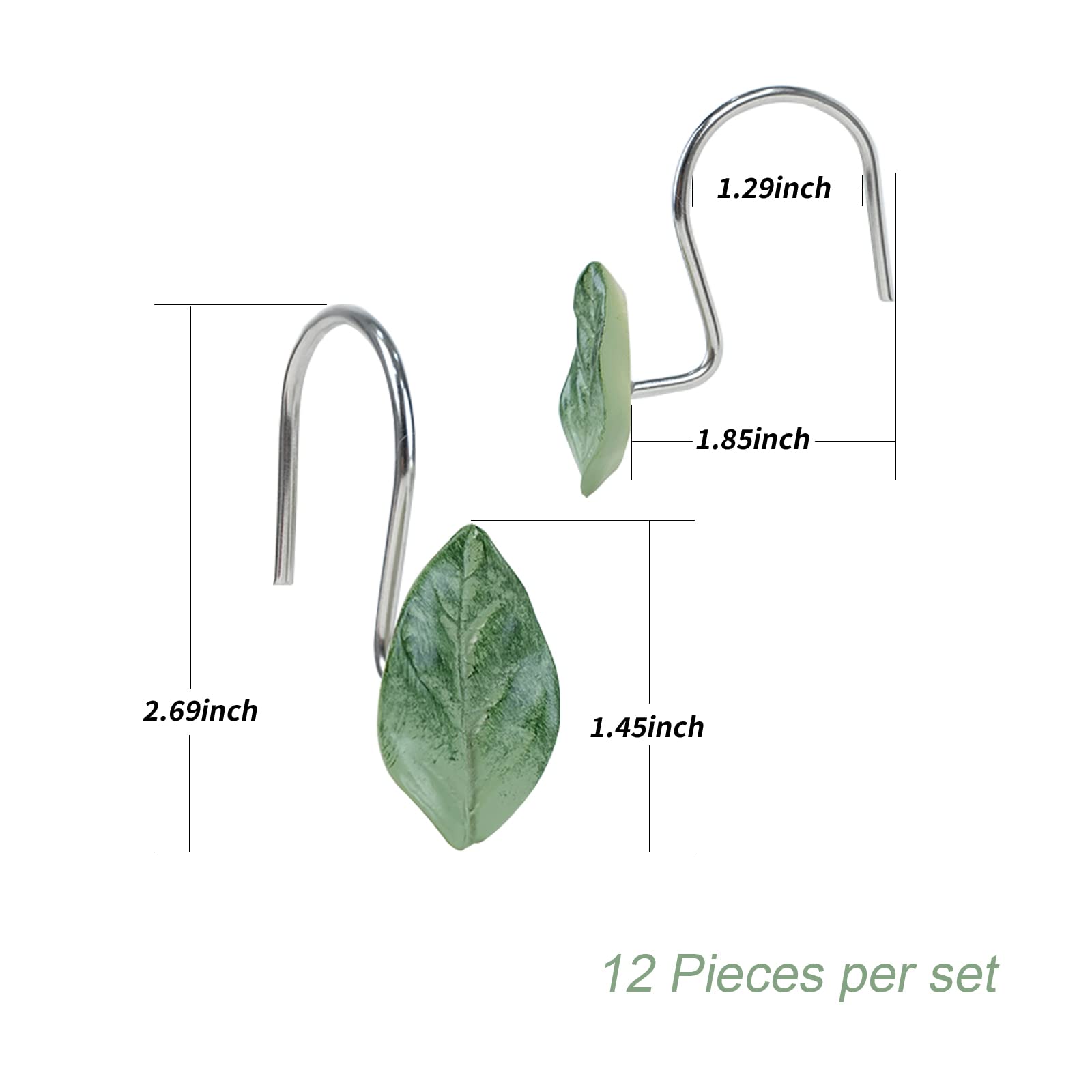 12PCS Leaves Shower Curtain Hooks, Decorative Shower Curtain Rings, Green Plant Leaf Shower Hooks Rustproof Stainless Steel, Bathrom Decor (Leaves)