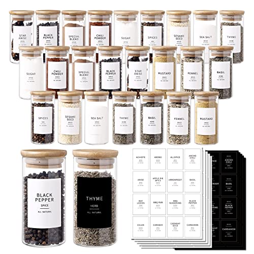 CZZGSM 24 Pcs Glass Jars With 296 Spice Labels Preprinted of White and Black Color- 4oz...