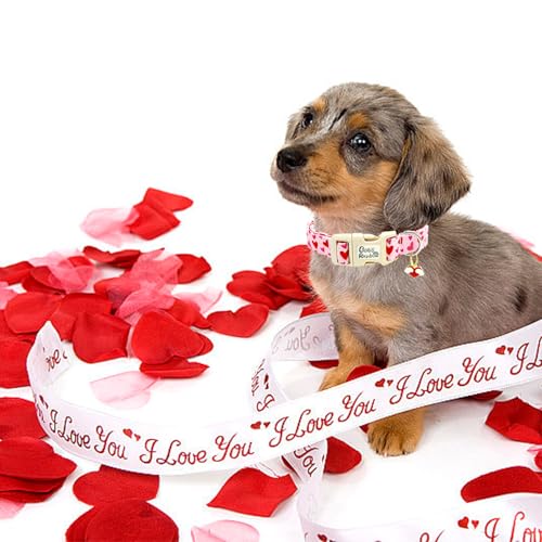 Image of Valentine's Cute Pink Heart Print Dog Collar for Medium Dogs | Valentine Pet Outfit,Wedding,Anniversary,Daily Walks,Adjustable,Cotton Fabric,Quick Release Plastic Buckle,Pendant,Female Dog
