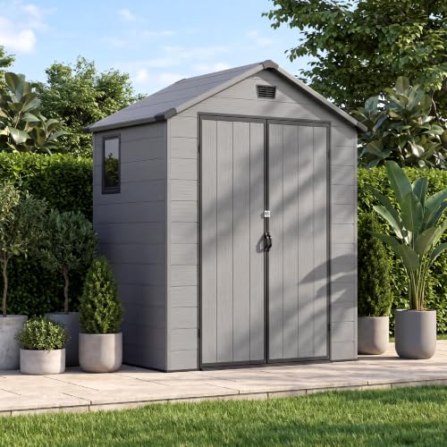 Image of Devoko 6X4 FT Plastic Outdoor Storage Shed with Floor, Dark Gray | Resin Tool Sheds with Lockable Door and Window, Weather-Resistant Garden Shed, Easy Assembly for Backyard, Patio, Lawn