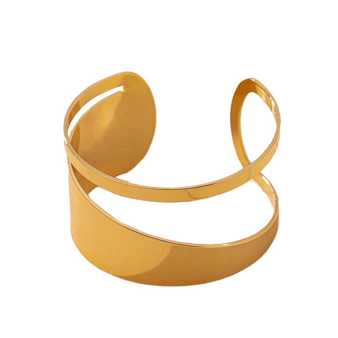 Cubahop Pulsera de junco vintage en metal dorado con cara lisa ancha, geométrica, hueca, apilable, joyería hecha a mano para mujer