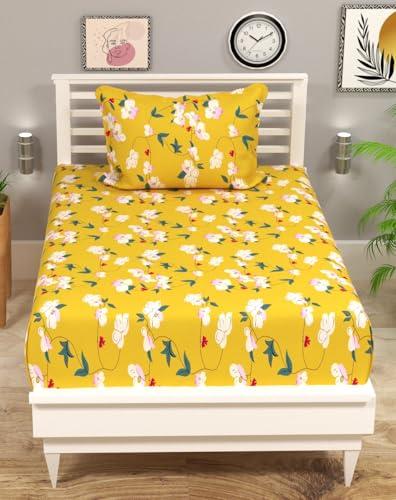 Image of HOMEKART (110 TC & 110 GSM 100% Cotton Feel Bedsheet for Single Bed with One King Size Pillow Covers Soft /Breathable Wrinkel Free -60x90 Inches - (Yello)