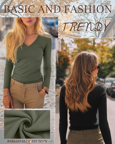 Ficerd 3 Pack Women's Long Sleeve T Shirts Cotton V Neck Slim Fit Tops Ribbed Knit Layering Casual Basic Tees 2025 Fall4