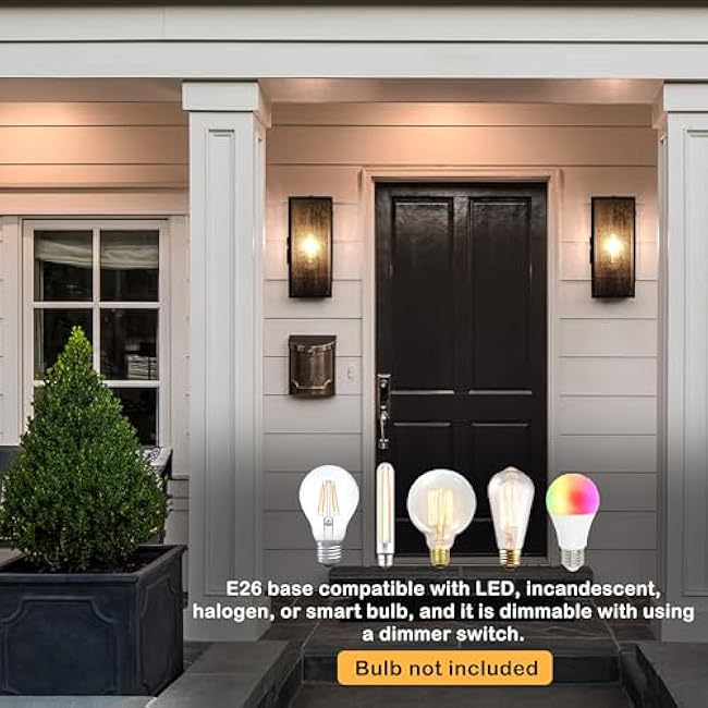 Porch Light with Outlet, Dusk to Dawn Outdoor Lighting with Outlet Built in, Matte Black Outdoor Light Fixture with Seeded Glass, Waterproof Anti-Rust Outdoor Wall Lights for House Porch Garage Patio