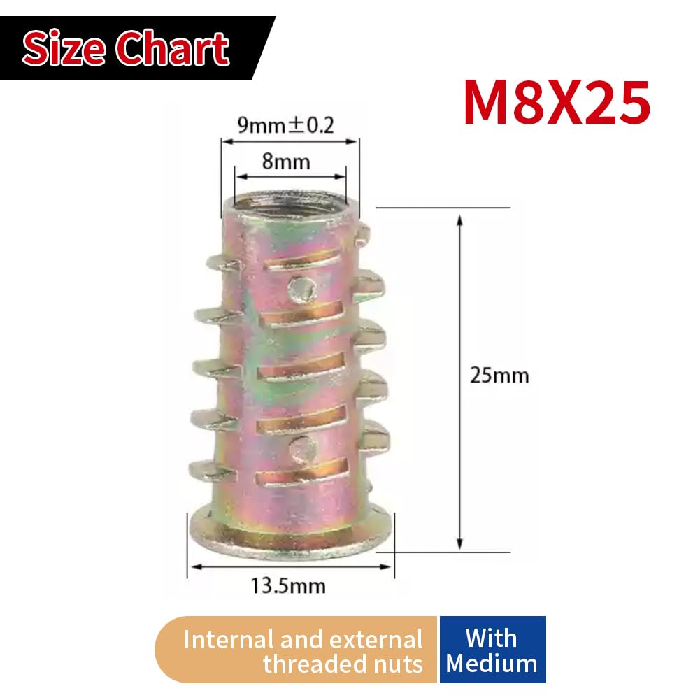 Screw-in nut threaded insert wood, 50PCS M8 * 25mm zinc alloy hexagon socket nuts screw-in sleeves - Image 2