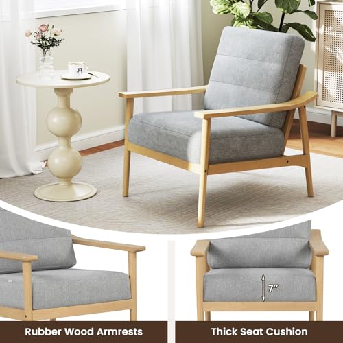 Image of Giantex Mid Century Modern Accent Chair, Max Load 440 LBS Upholstered Living Room Chair with Rubber Wood Armrests & Legs, Removable Back Cushion, Comfy Reading Arm Chair for Living Room, Bedroom